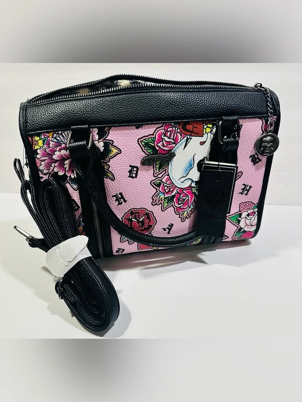 Ed Hardy Pink Floral Tattoo-Print Satchel Handbag